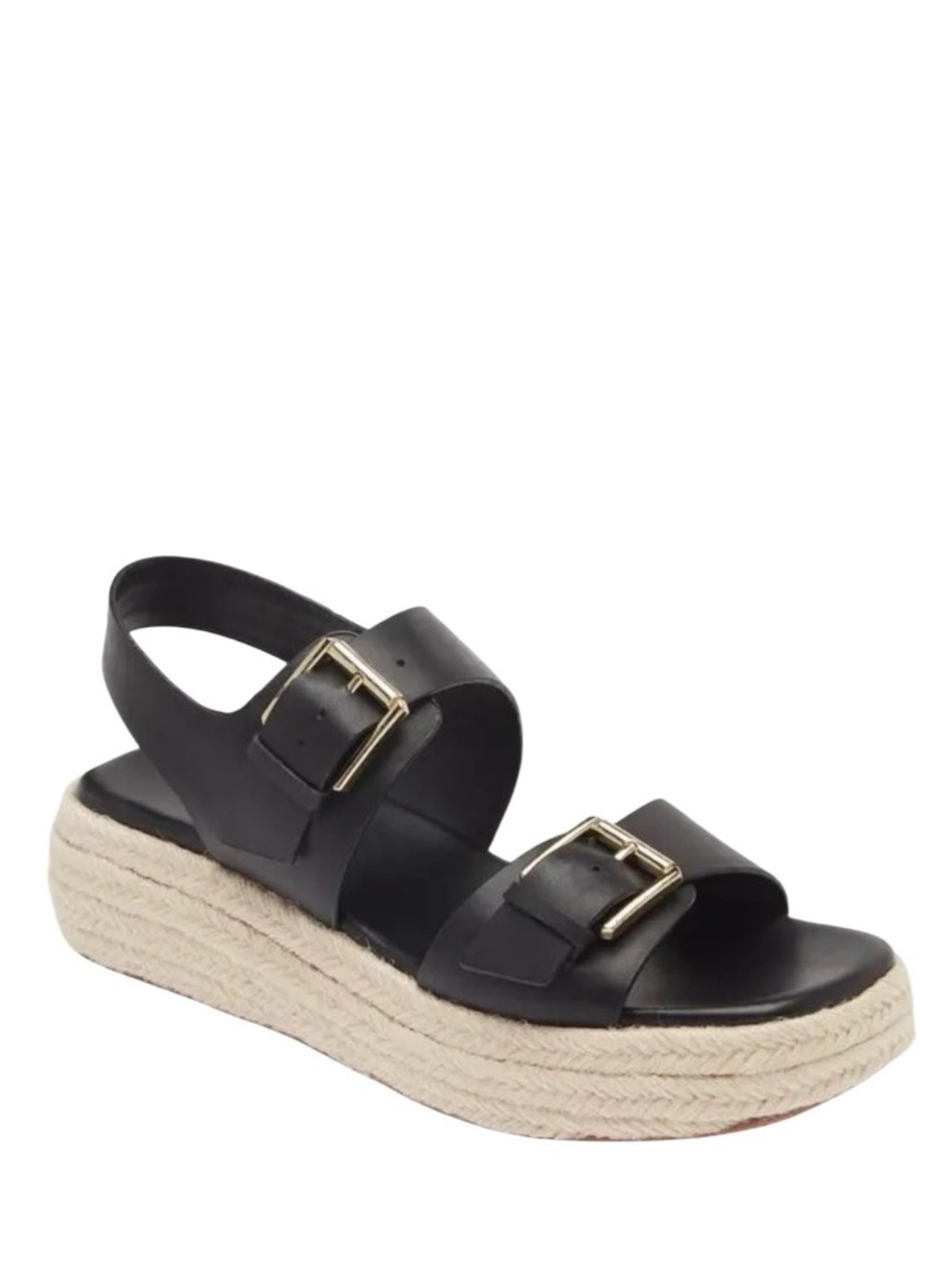 NORDSTROM Black Leather Double-Buckle Espadrille Sandals with Gold Buckles $100+